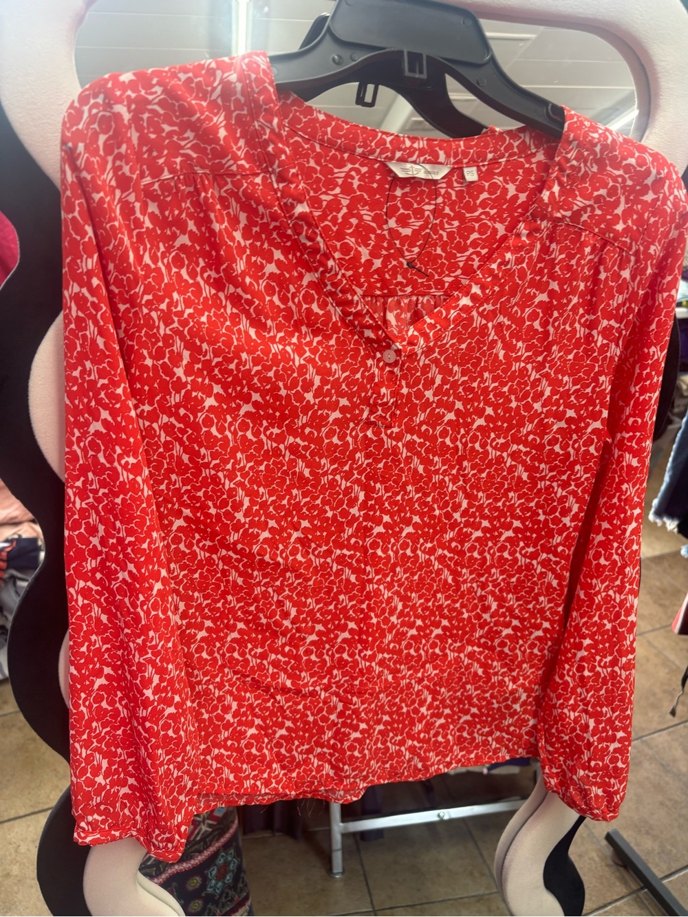 Dockers Red and White Floral Split-Neck Blouse